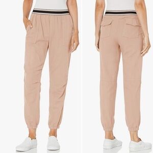 MONROW Taupe Jogger Pants Size Small Pull On Striped Waistband Neutral Beige